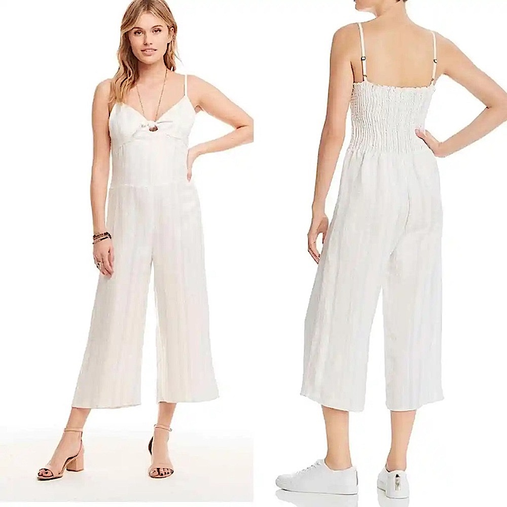 Chaser Striped Beachy Linen Tie Front Smocked Jumpsuit